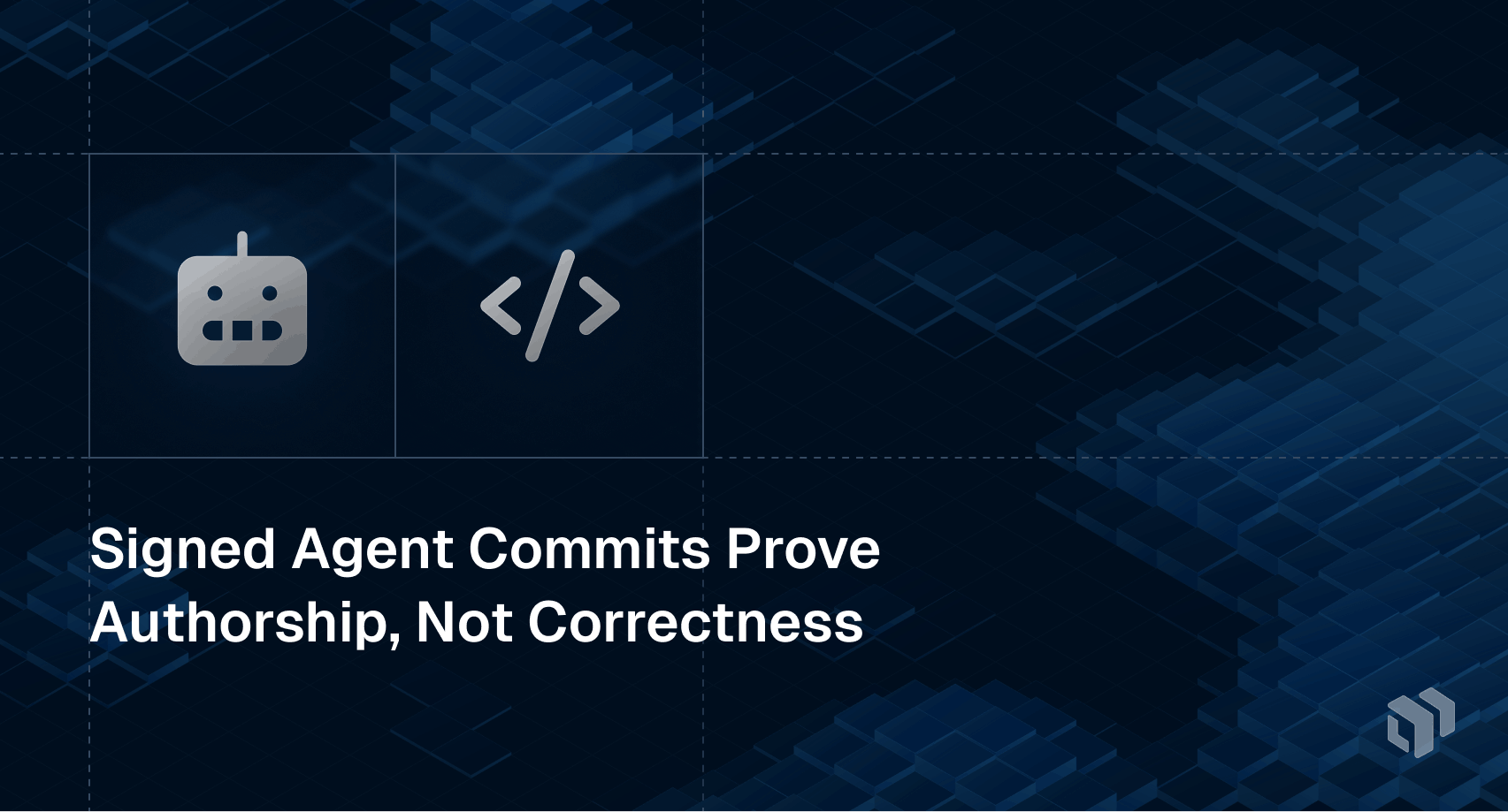 Illustration explaining that signed AI agent commits prove authorship but not code correctness